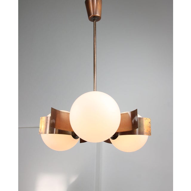 Vintage Italian Copper and Opaline Glass Chandelier For Sale - Image 10 of 18