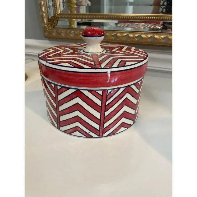 Modern Modern Decorative Red & Navy Chevron Bowl & Lid For Sale - Image 3 of 9