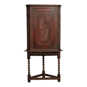 Antique English Carved Oak Corner Cabinet on Stand