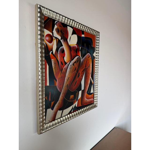 Striking 1980’s vintage Cubist-inspired oil on canvas painting signed “C. Ryan” in the lower right corner. This bold...
