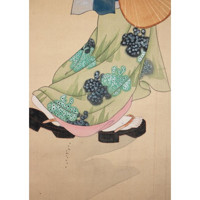 Asparagus "Beauty Walking Under the Moon", Early Showa Era Japanese Silk Scroll Painting For Sale - Image 8 of 18
