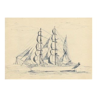 1943 William Wood Drawing of Sailing Ships For Sale