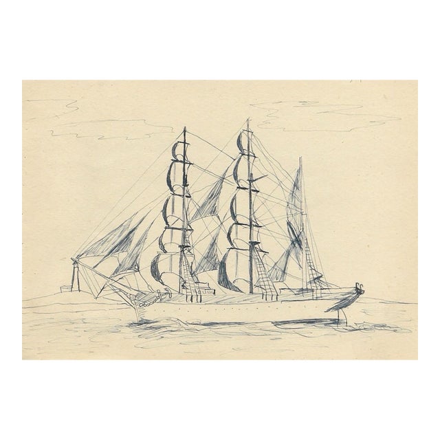 1943 William Wood Drawing of Sailing Ships For Sale