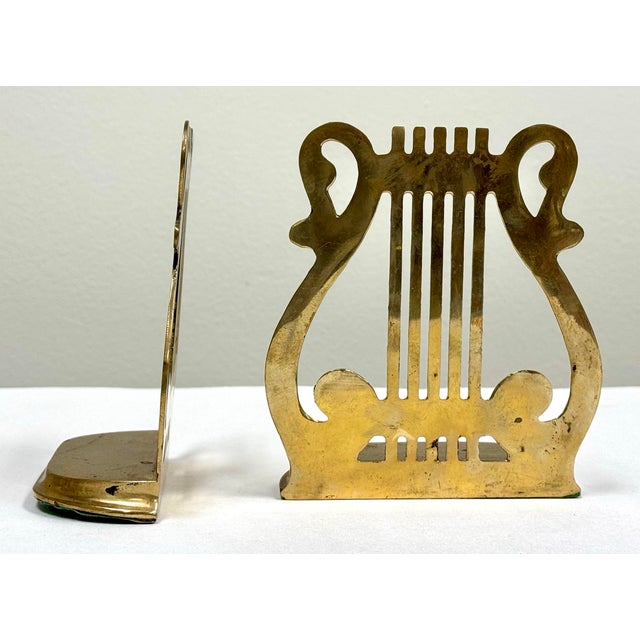 Mid 20th Century Vintage Brass Lyre Bookends, a Pair For Sale - Image 5 of 5