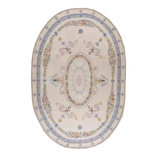 Exquisite Border Floral With White-Cream Background Color Oval French Neo Classical Aubusson Rug For Sale