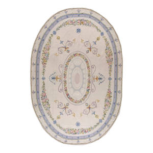 Exquisite Border Floral With White-Cream Background Color Oval French Neo Classical Aubusson Rug