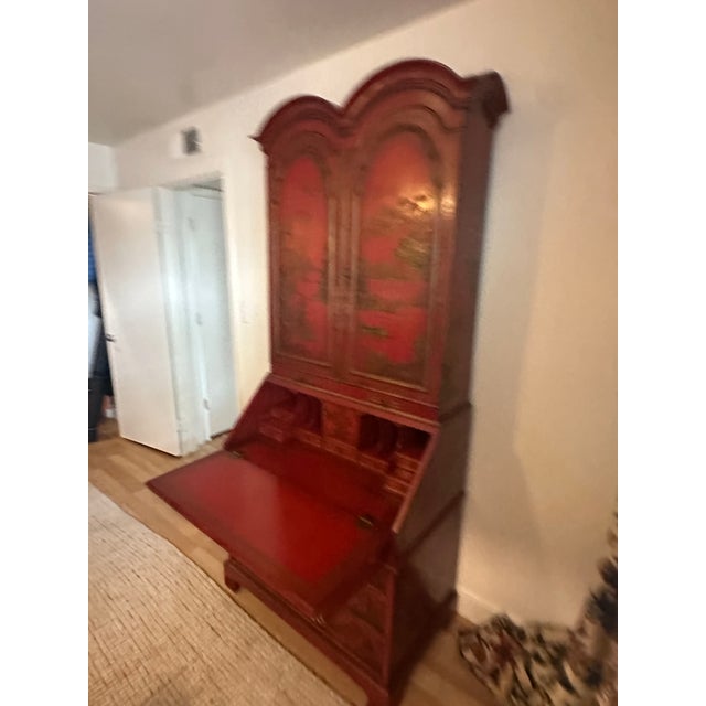 Mid 20th Century Vintage Red Chinoiserie Secretary Desk With Hand-Painted Gilt Asian Landscapes & Double Bonnet Top For Sale - Image 5 of 15