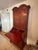 Mid 20th Century Vintage Red Chinoiserie Secretary Desk With Hand-Painted Gilt Asian Landscapes & Double Bonnet Top For Sale - Image 5 of 15