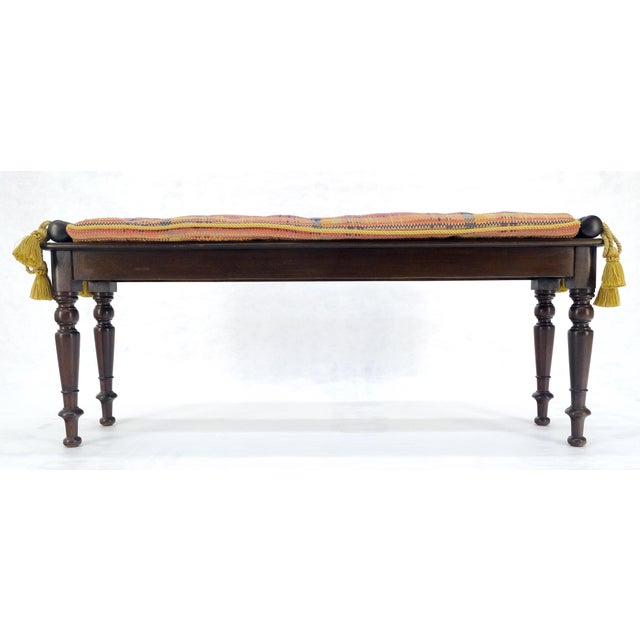 Fine Turned Solid Mahogany Base Tassels Decorated Upholstery 48" Long Bench MINT For Sale - Image 11 of 16