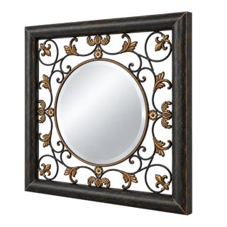 Vintage Onyx Black and Aged-Gold Botanical Metal Mirror With Beveled Glass For Sale