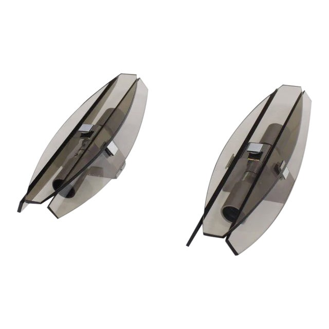Mid-Century Modern Italian Smoked Glass Sconces by Veca - a Pair For Sale