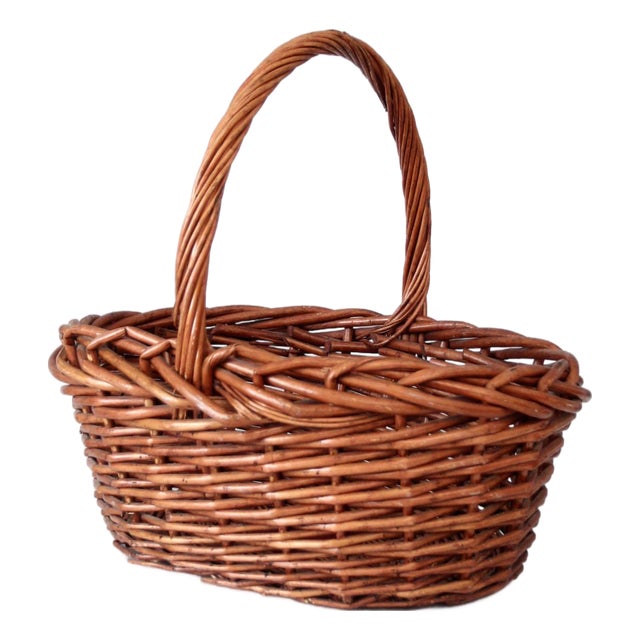 Vintage Large Willow Gathering Basket With Tall Handle For Sale