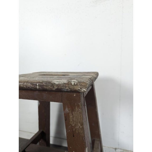Brown Painted Wooden Workshop Stool with Handle For Sale - Image 4 of 6