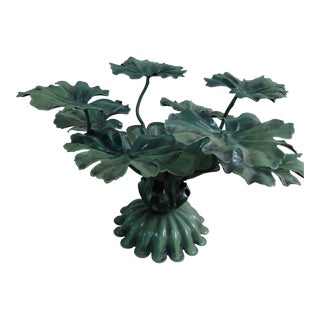 1950s Italian Tole Green Geranium Leaf Pillar Candle Holder For Sale
