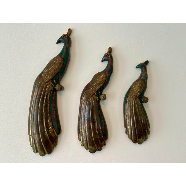 Vintage Wooden "Balinese" Peacock Trio in Brass & Wood For Sale - Image 10 of 10