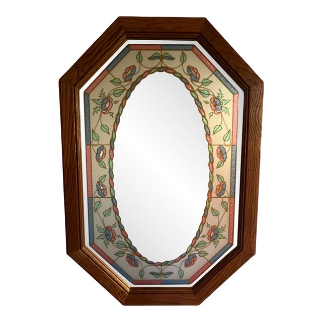 Vintage Octagon Wall Mirror: 1980s Postmodern Leaf Design, Windsor Oak Frame For Sale