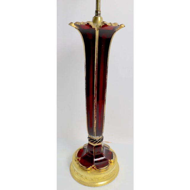 Ruby Glass Trumpet Form Lamp With Gold Highlight Trim For Sale - Image 4 of 13