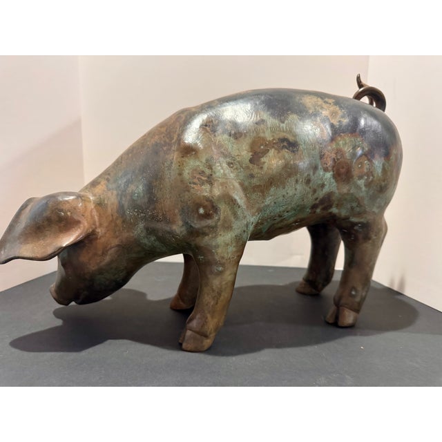 Farmhouse Large Bronze Pig Sculpture Grazing Farm Animal Statue Patina 15.5” Long 12” Tall For Sale - Image 3 of 7