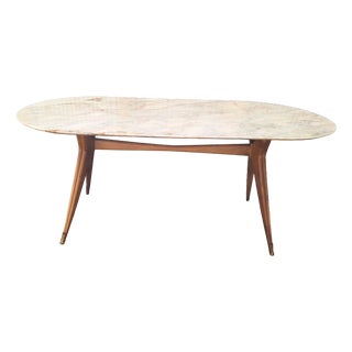Dining Table with Wooden Base, Brass Finishes and Marble Top, 1950s For Sale