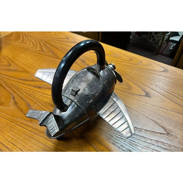 60s Art Deco Style Pottery Barn Silver Plate Airplane Teapot