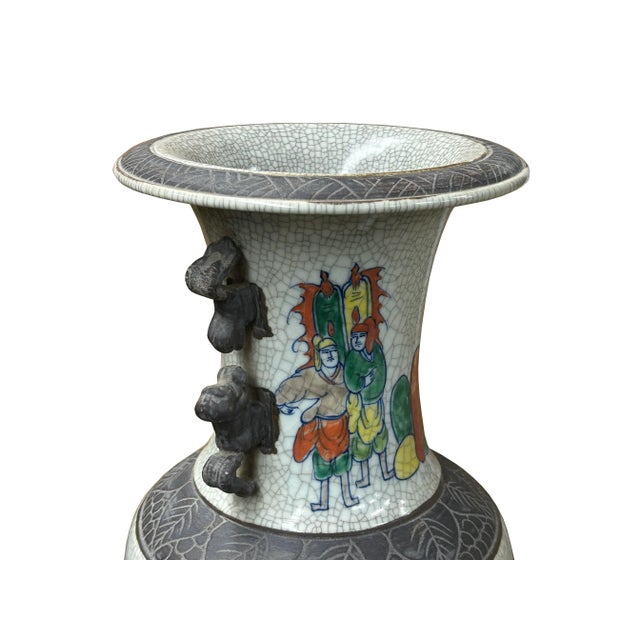 Orient Crackle Gray Warrior Graphic Artistic Pottery Ceramic Vase For Sale - Image 10 of 14