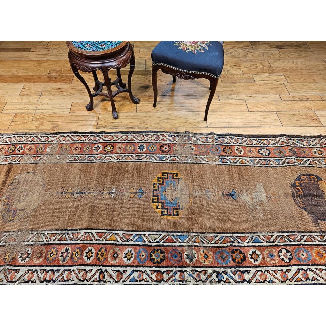19th Century Antique 19th C. Persian Kurdish Camelhair Runner Rug, Hand-Knotted Geometric Pattern, 4x12, Camelhair & Ivory For Sale - Image 5 of 15
