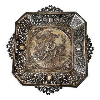 1900s Antique Repousse Square Silver Pastry Tray Marked Germany For Sale