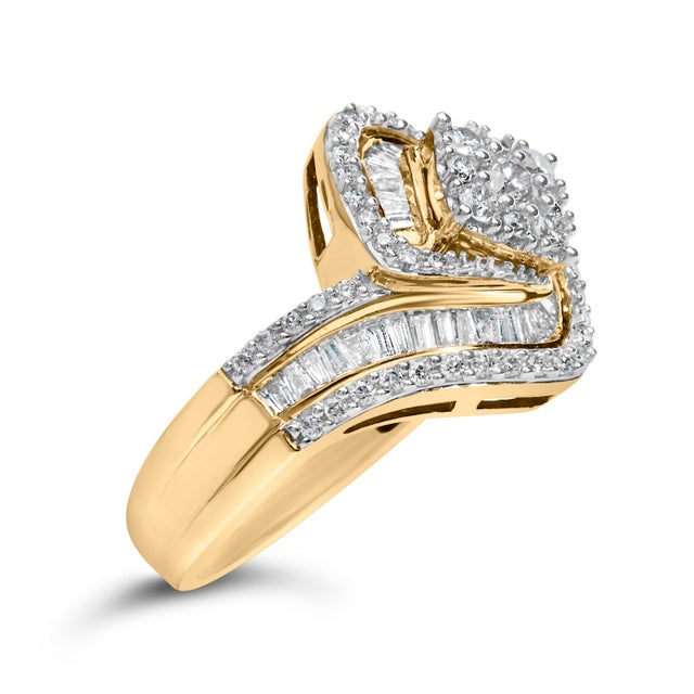 Contemporary 14K Yellow Gold 1.0 Cttw Baguette & Brilliant-Cut Diamond Round Floral Cluster Engagement Ring with Swirl Wrapped Triple Row Band - Size 7 For Sale - Image 3 of 7
