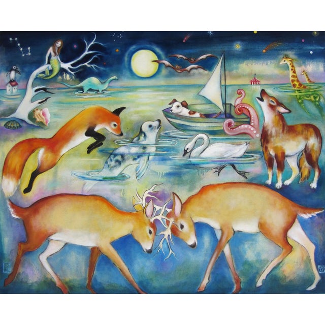 Moonlit Menagerie by Zoa Ace | Oil on canvas depicting various animals in a nighttime scene. For Sale
