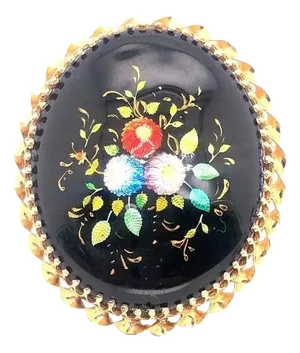 14 Karat Yellow Gold and Oval Enamel Floral Design Brooch / Pendant France
