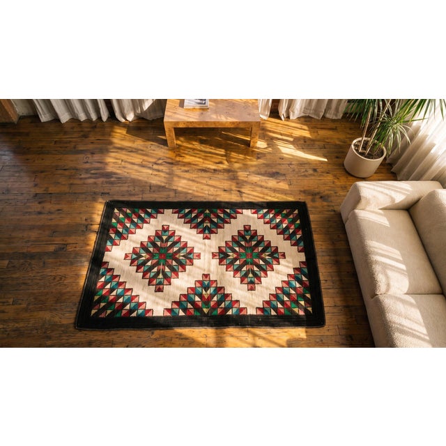 Ivory 1930s Multicolor Diamond Antique American Hooked Rug Hand Knotted 2'4"x 3'8" Wool Carpet For Sale - Image 8 of 9