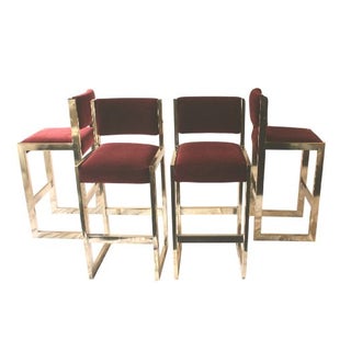 Upholstered Brass Bar Stools - Set of 4 For Sale