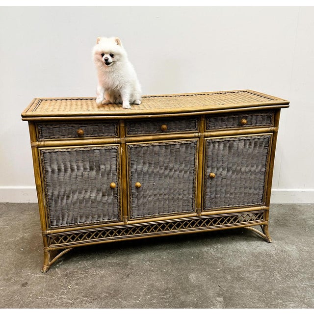 Width: 153 centimeters Height: 97 centimeters Depth: 55 centimeters 1970s Woven Rattan Naturel Storage Cabinet with 3...