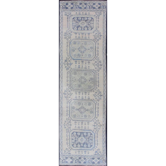 Vintage Turkish Oushak Runner in Faded Blue in Neutral Background For Sale - Image 13 of 13
