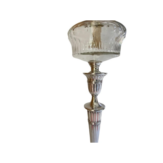 Silver Antique 34" Victorian Silver-Plated Banquet Oil Lamp Hawksworth, Eyre & Co. (Sheffield) Cranberry Glass For Sale - Image 8 of 11