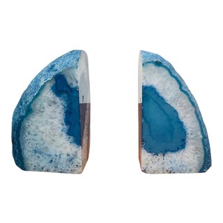 1980s Modernist Agate Geode Book Ends in Sky Blue- a Pair For Sale