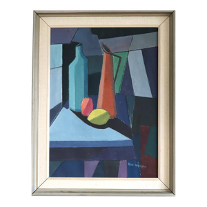 Mid-Century Modern 'Constructed Still Life' Vintage Original Geometric Still Life Oil Painting, Framed