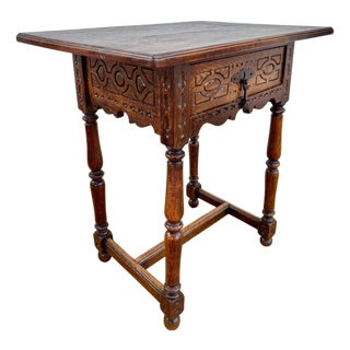 Antique Castilian Oak Side Table With One Carved Drawer, 1920s For Sale