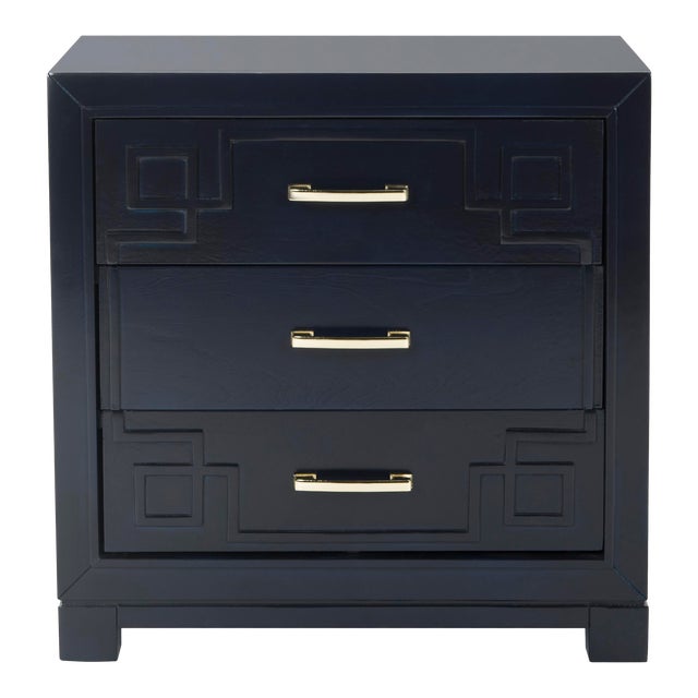 Three Drawer Greek Key Nightstand in Navy For Sale
