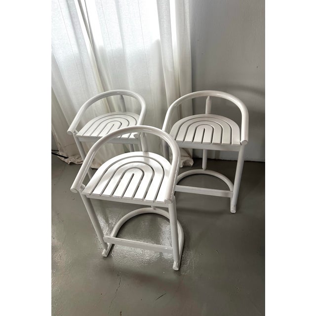 Set of 3 rare vintage Allmilmo bar stools. Wooden and painted white. Great condition with minimal signs of wear. Some...