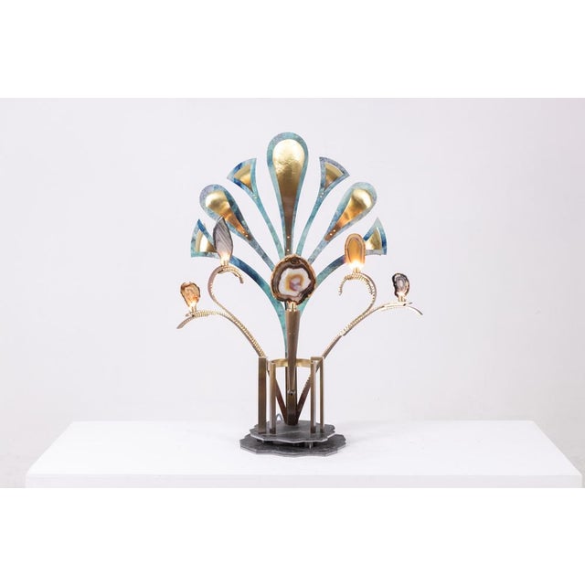 Sculpture lamp with agates set in bronze, the irregularly shaped slate base. Unique piece. Artisan work. This piece is...