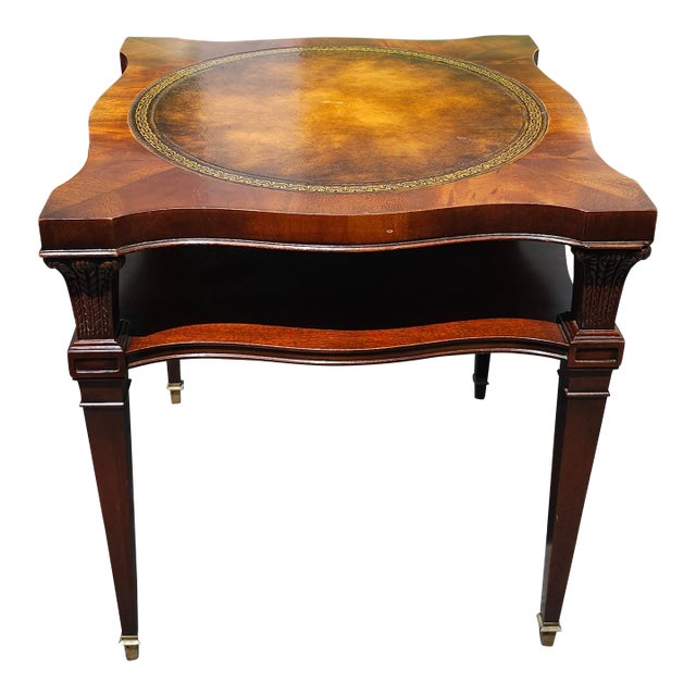 Mid Century Weiman Mahogany and Tooled Leather Top Two-Tier Side Table For Sale