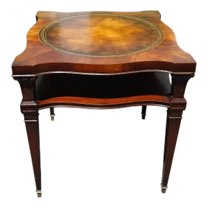 Mid Century Weiman Mahogany and Tooled Leather Top Two-Tier Side Table