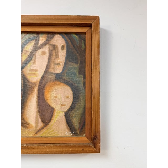Beige Brutalist Figurative Oil Painting Signed Simon 1970 Postmodern Figures Art For Sale - Image 8 of 9