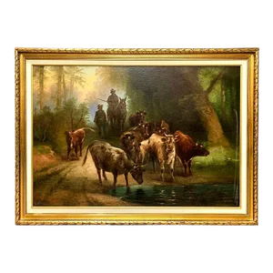 20th Century Antique, Cattle, European, Signed by Heiniger,, Oil on Canvas on Board Painting!!