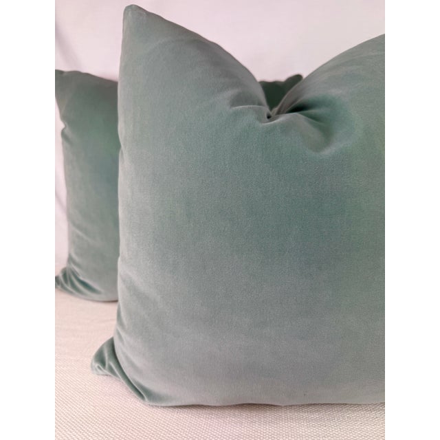 Transitional Aqua Cotton Velvet 22" Pillows-a Pair For Sale - Image 3 of 3