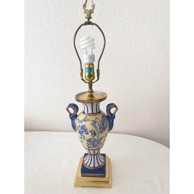 Ceramic Late 20th Century Exquisite Blue, Yellow, & White Floral & Striped Porcelain/Ceramic Urn/Vase Style With Brass Base and Upper Lamp Excellent Condition For Sale - Image 7 of 14