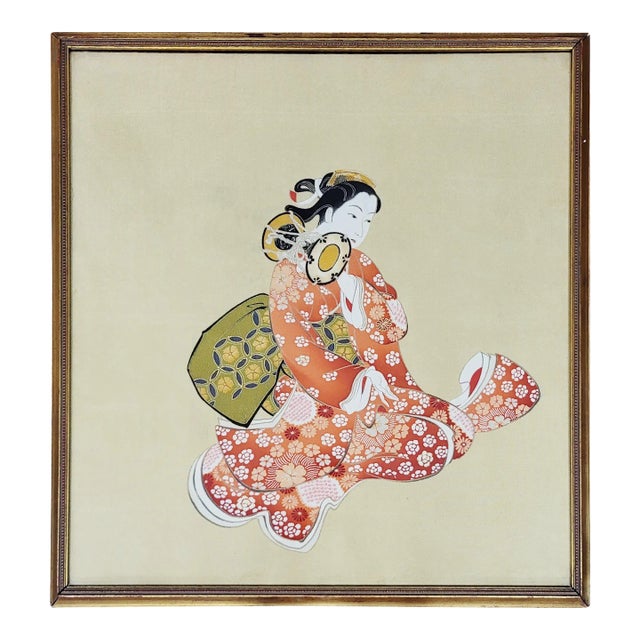 Vintage 20th C Asian Framed Under Glass Geisha in Kimono Painting on Silk For Sale