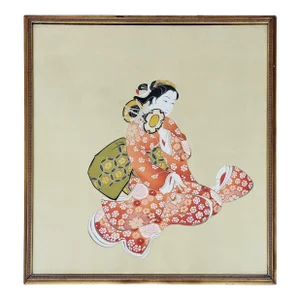 Vintage 20th C Asian Framed Under Glass Geisha in Kimono Painting on Silk