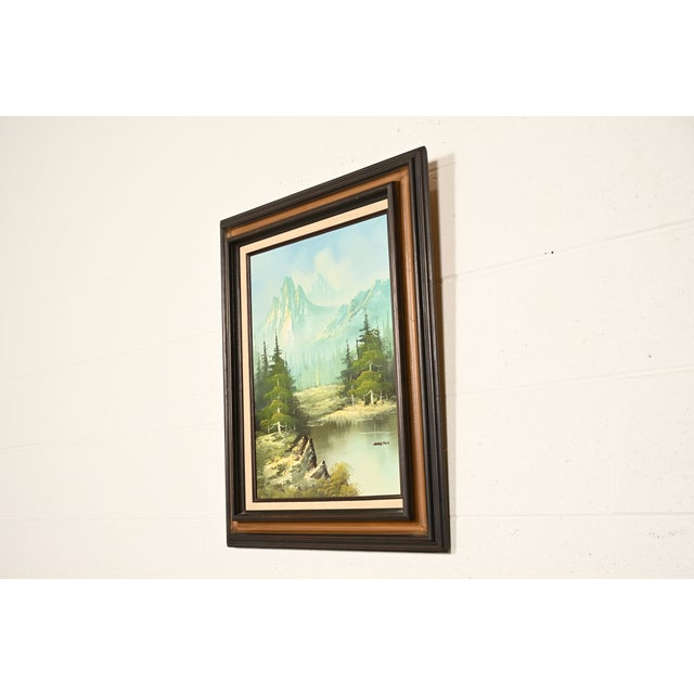 Mid-Century Modern Bob Ross Style Original Signed Mountain River Landscape Oil Painting in Carved Wood Frame For Sale - Image 3 of 16